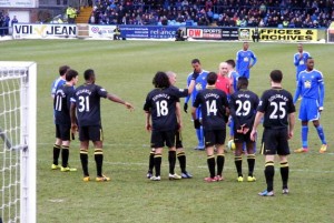 Latics line up their wall, Macclesfield v Wigan 26 Jan 2013